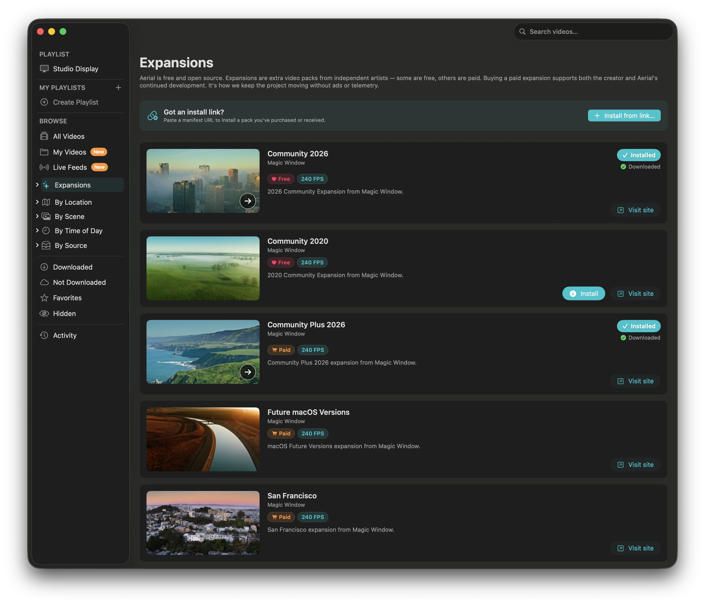 The Expansions browser inside Aerial's Video Library, showing Community 2026, Community 2020, Community Plus 2026, Future macOS Versions, and San Francisco packs from Magic Window.