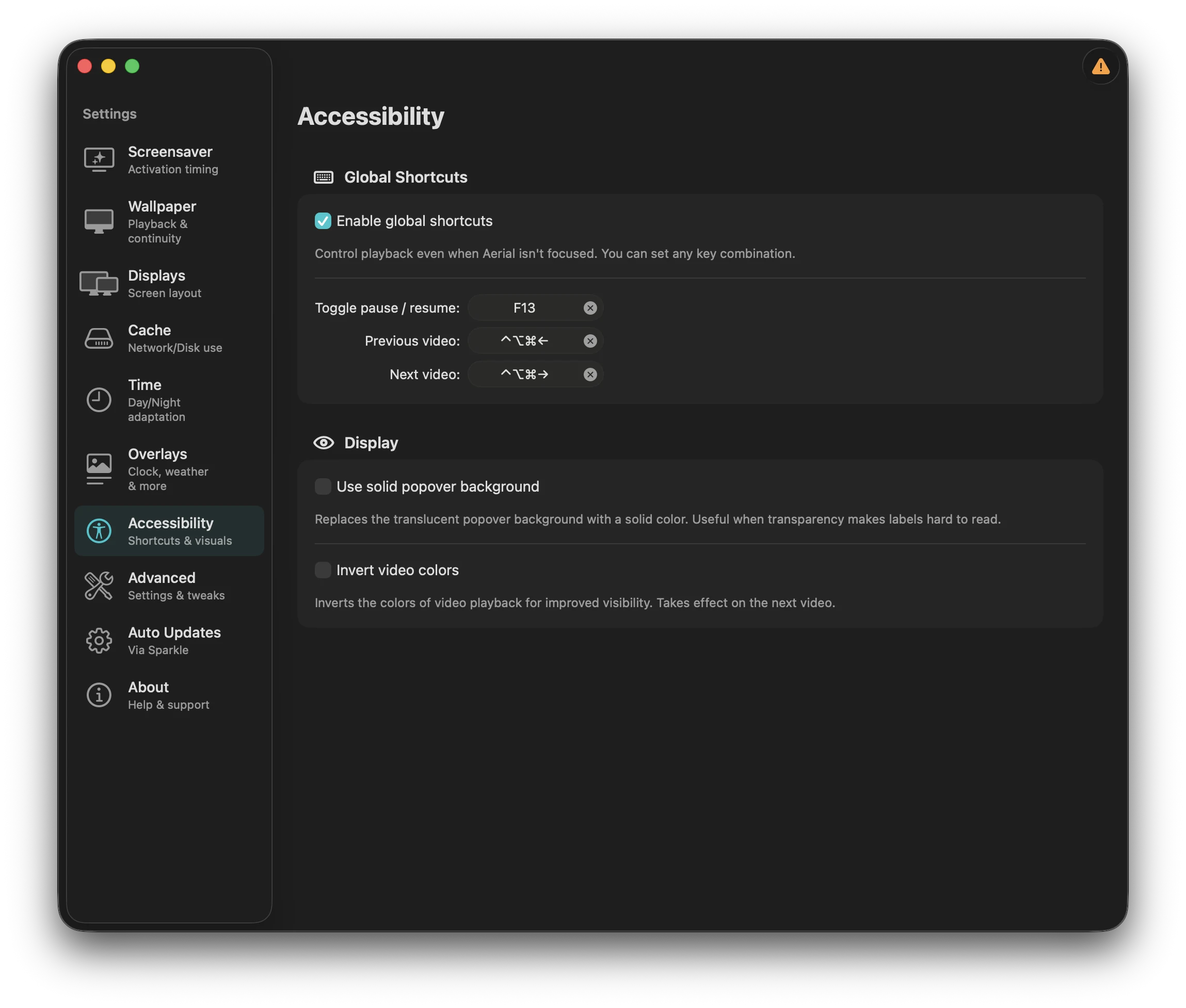 Aerial's Accessibility settings showing Global Shortcuts with bindings for Toggle pause/resume (F13), Previous video, and Next video.