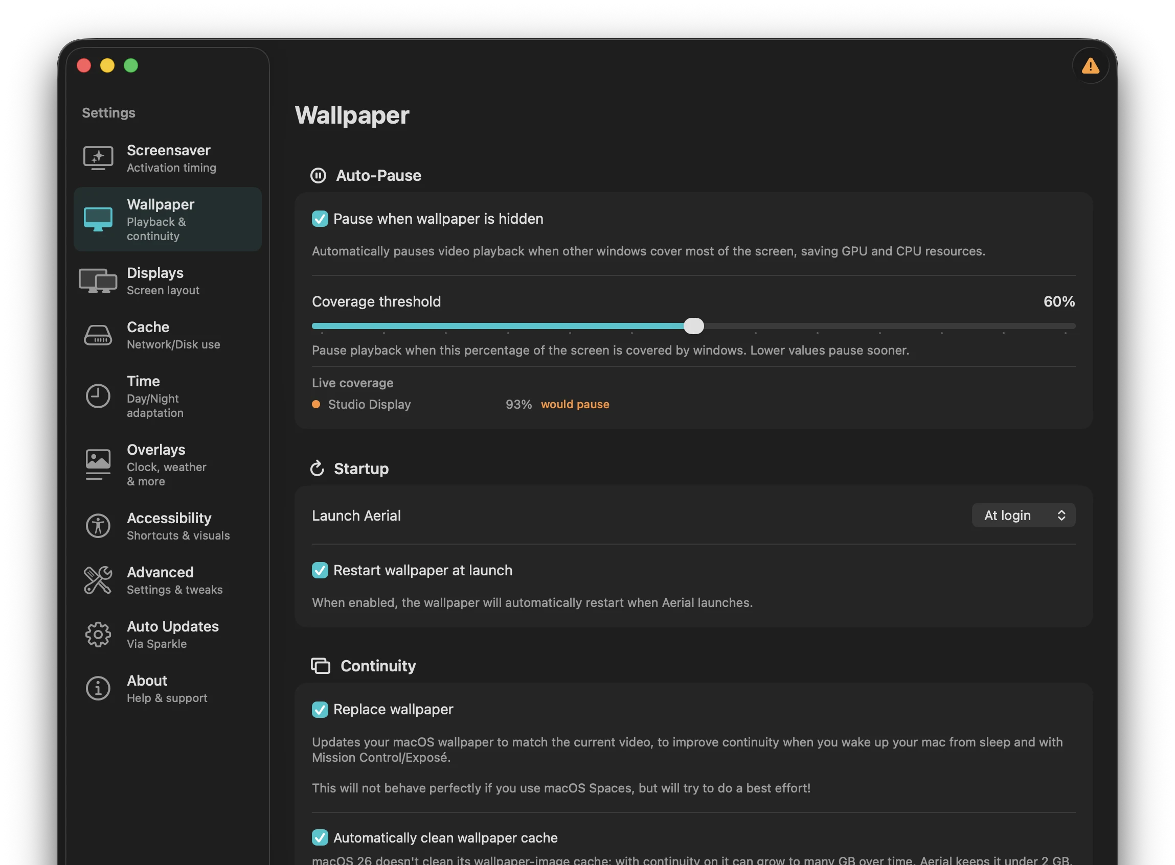 Aerial's Wallpaper settings panel showing Auto-Pause with a Coverage threshold slider at 60%, plus a live coverage indicator for the current display.