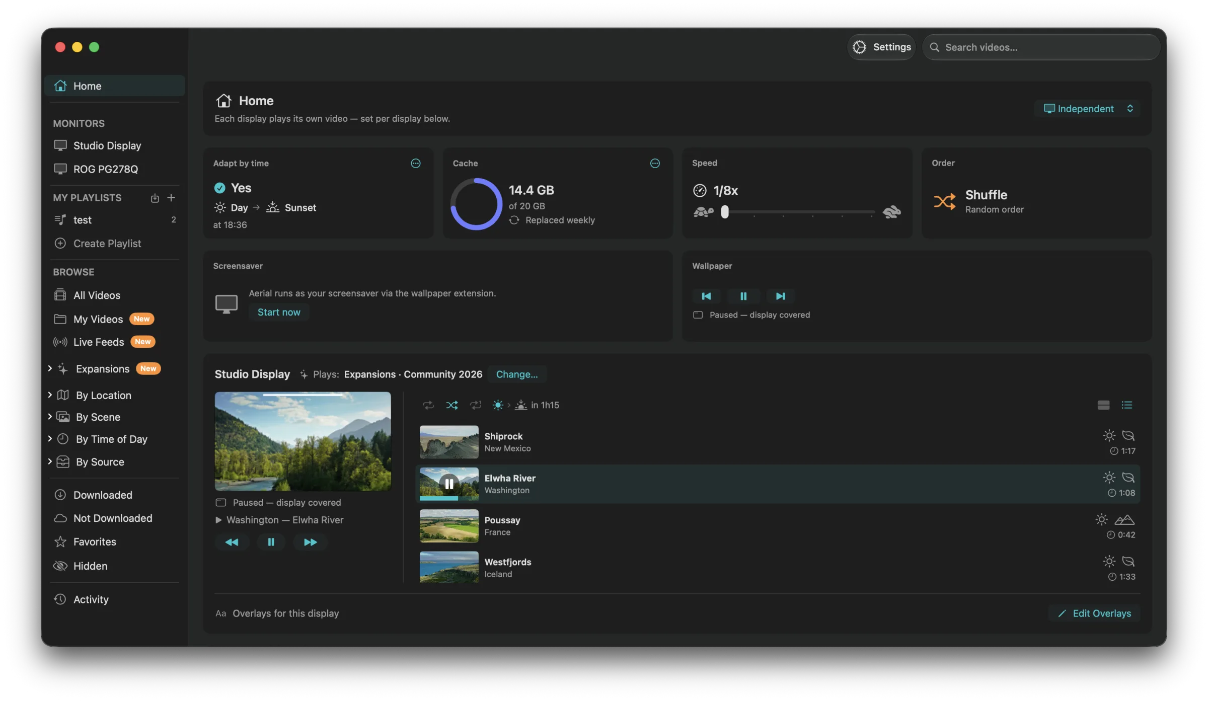 Aerial's home screen: a card per display showing what's playing, with viewing mode, cache, speed and wallpaper controls.