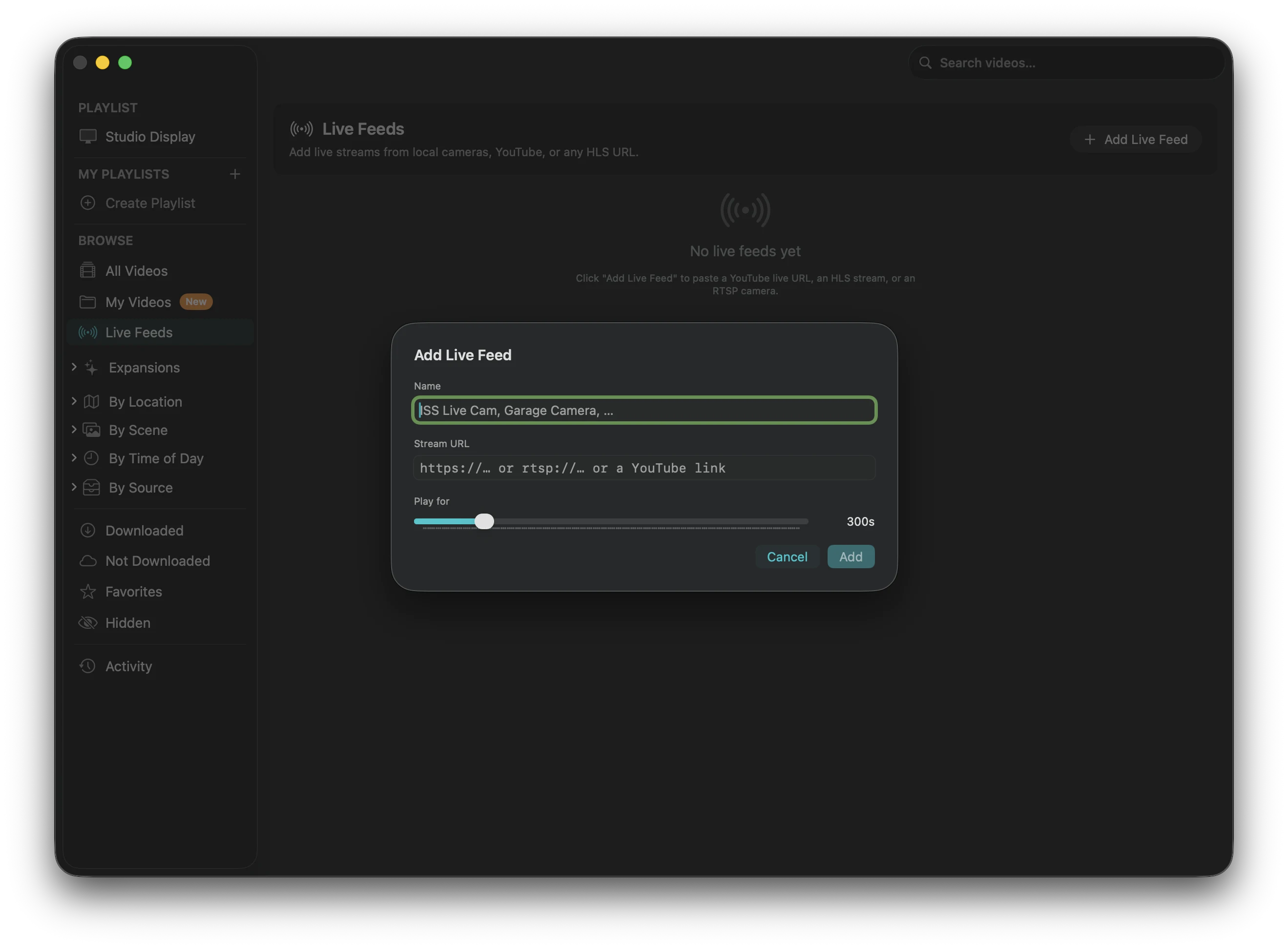 The Add Live Feed dialog in Aerial, with fields for a name, a stream URL (HTTPS, RTSP, or YouTube), and a play-for duration slider.