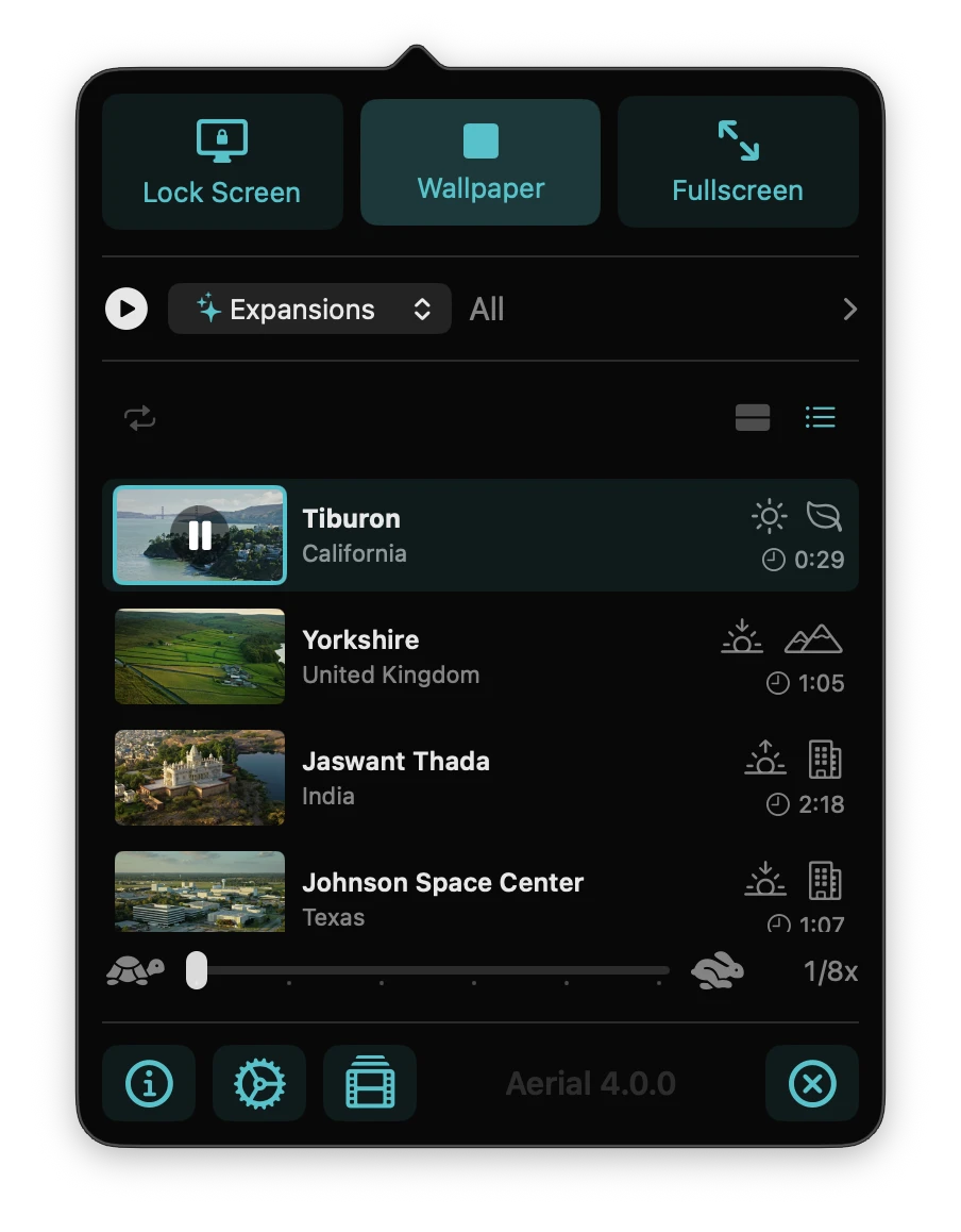 Aerial's menu bar popover, showing Lock Screen / Wallpaper / Fullscreen mode toggles, an expansions filter, a video list with Tiburon paused, and a speed slider.