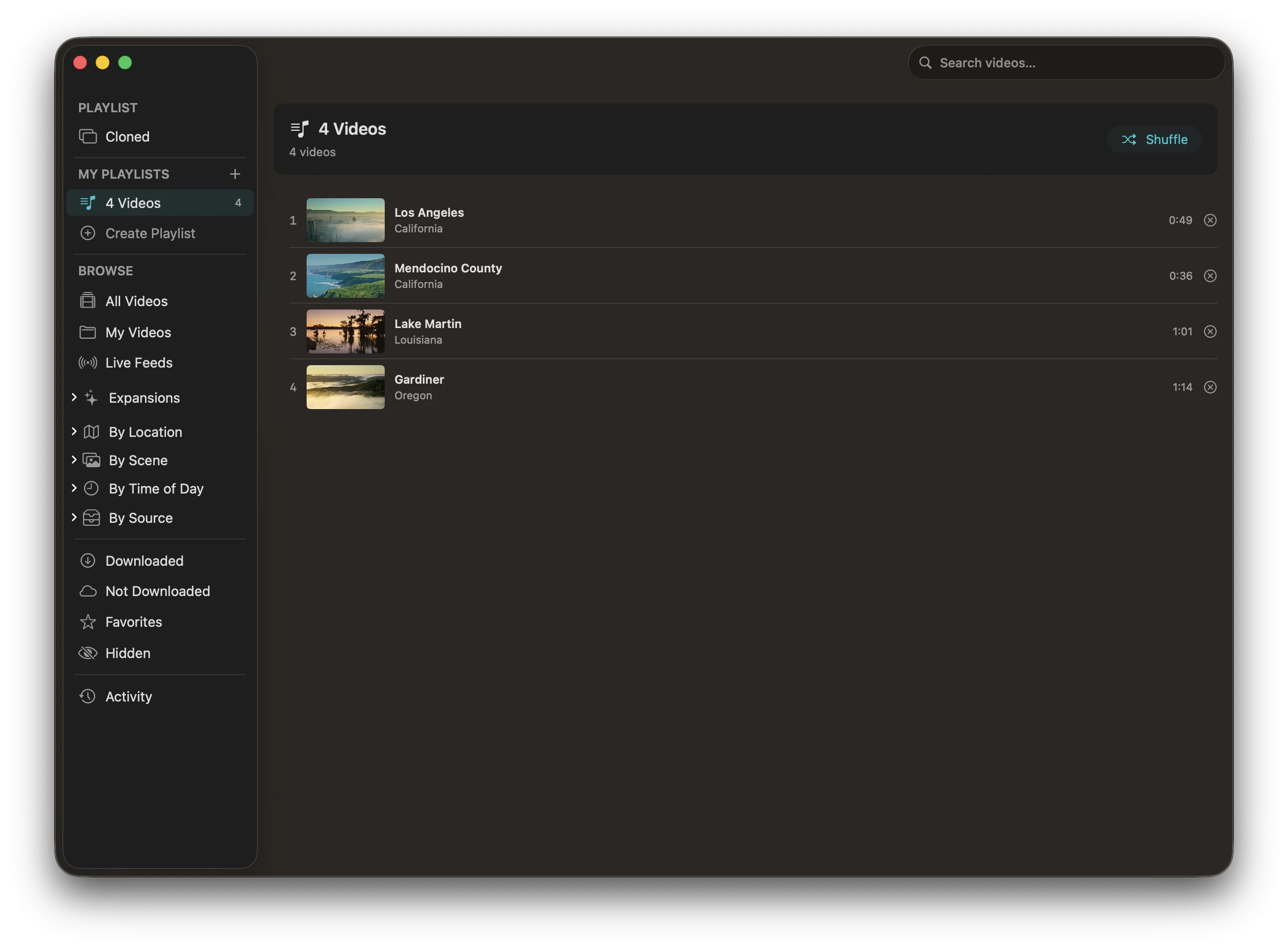 Aerial's playlist editor showing a "4 Videos" playlist with Los Angeles, Mendocino County, Lake Martin, and Gardiner entries, each with a thumbnail and runtime.