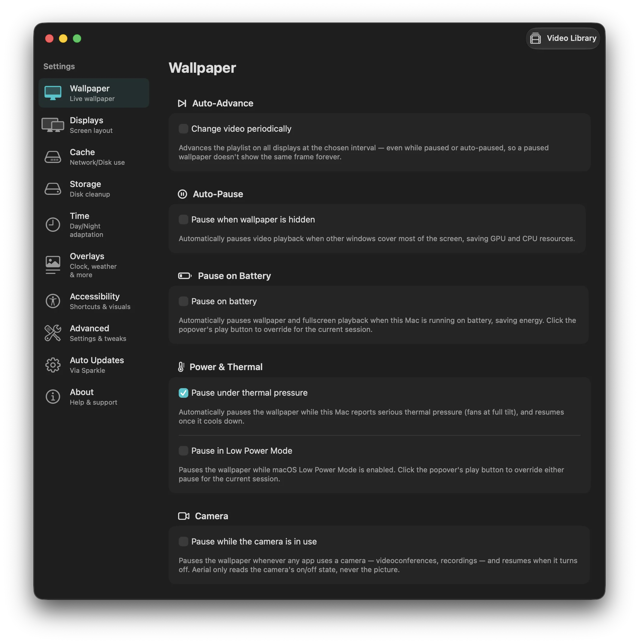 Aerial's Wallpaper settings, with Auto-Advance, Auto-Pause, and the new Power & Thermal and Camera pause options.