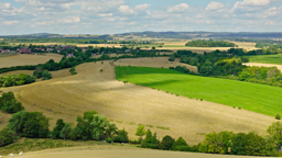 Rolling farmland and patchwork fields unfold beneath a summer sky in rural Lorraine.